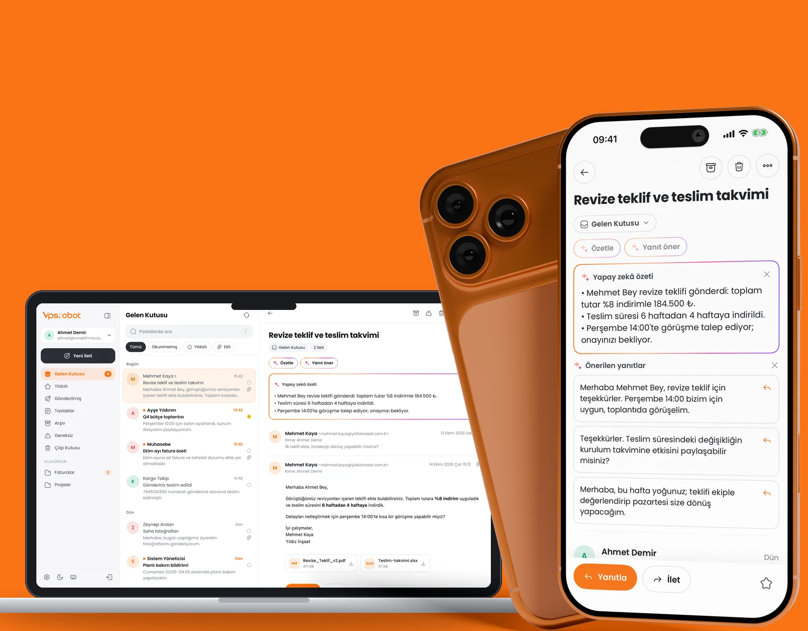 VPSROBOT Posta web arayüzü bir dizüstü bilgisayarda, yanında iPhone uygulaması
